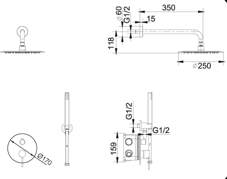 MISCELATORE DOCCIA CON DEVIATORE MECCANICO COMPLETO DI KIT MOSCA - ACCIAIO INOX 316 ESMA SRL